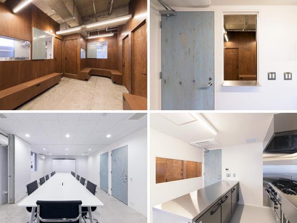 左上から時計周りにカフェスペースになるThe Parkと名付けられたスペース、キッチン内からカフェスペースを見たところ、キッチン、ミーティングスペース