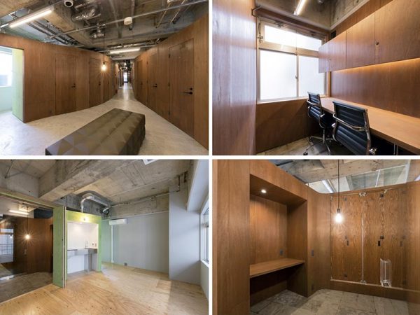 左上から時計周りに4階の中央から固定オフィスを見たところ。廊下は緩いカーブを描いており、不思議な空間になっている。固定オフィス、貸せるスペース、貸せるスペースをオフィス内から見たところ。扉を閉めてしまえば別々の空間になる