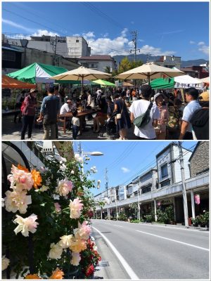 上/地域交流の場となっている「いなまち朝マルシェ」。5月~10月の最終日曜日に開催され、地元で採れる野菜などの販売やイベントが行われる(新型コロナウイルスの感染拡大対策により休止中)。下/伊那市中心部の商店街。まちの人々が手入れしているバラが美しい