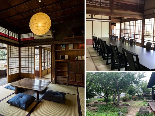 おばあちゃんの家に遊びにきたような落ち着きを感じさせてくれる『平野邸 Hayama』。ラウンジ1(左)とラウンジ2(右上)はレンタルスペースとして活用される。ラウンジ2で企業研修の会議をしている間に、ラウンジ1で地元の人が料理教室を行う、といったことも起きうる。縁側から見える庭には地元の人が育ててくれている家庭菜園もある(右下)