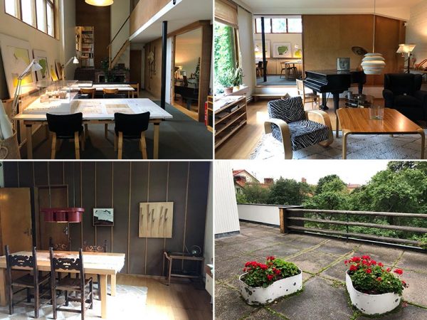 左上/吹き抜けのアトリエ。正面左の階段上奥にアアルトの書斎が見える。右手はリビングに続く 右上/リビングからアトリエ方向を見る。ゼブラ柄のファブリックはアイノが好んだもの 左下/ダイニング。正面の壁には細い木を並べて取り付け、絵画などが飾れるようにしている。油絵と木のレリーフはアアルトの作品。右隅に「ティトローリー」の元ネタとなったワゴンが置かれている。クラシックなダイニングチェアはイタリア土産 右下/アトリエ2階と家族のプライベートスペースの間にはテラスが配置され、公私を柔らかく分けている。植物を愛したアアルト夫妻らしく、フラワーポットが設置されている