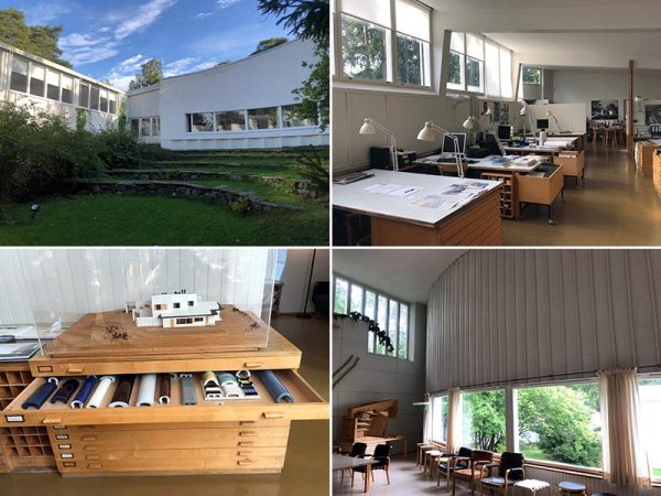 左上/スタジオ中庭の「円形劇場」。左の高窓が製図室で、右手がギャラリー 右上/製図室。天井を傾斜させ、高い位置から自然光を採り入れる。現在はアアルト財団のオフィスとして使っているので、デスクにはパソコンが置かれている 左下/住宅プロジェクトの模型や、さまざまなヴァリエーションのタイルのサンプルがディスプレイされている 右下/天井の高いギャラリー。中庭に面して緩やかな円弧を描く。窓際にはアアルトがデザインした椅子が並ぶ