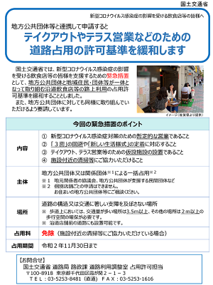 2020年6月5日に発表された「新型コロナウイルス感染症の影響に対応するための沿道飲食店等の路上利用に伴う道路占用の取扱いについて」国土交通省発表資料より<br>https://www.mlit.go.jp/report/press/road01_hh_001324.html