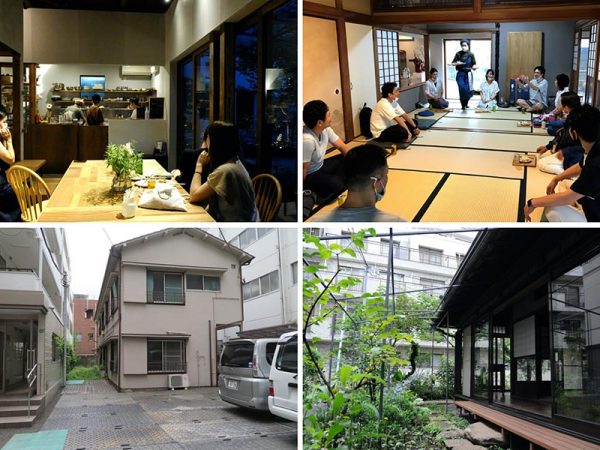 左上から時計回りに、増設されたキッチン、イベントで利用時の和室2室、増設された縁側、そしてこれから改装される木造アパート