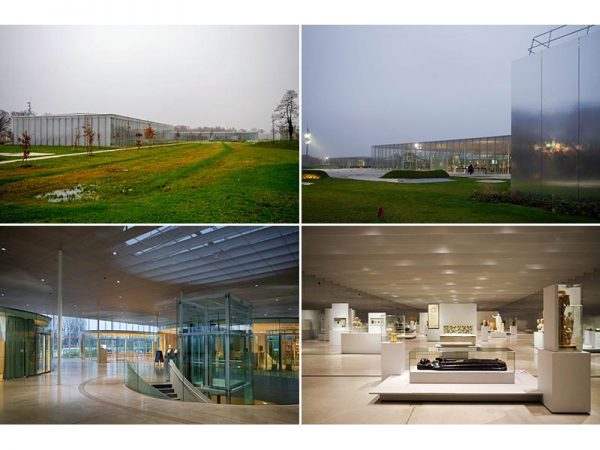ルーブル・ランス (SANAA、2012年)。外壁はガラスと酸化皮膜を施したアルミニウムで、周囲の景観を柔らかく映す。右下の写真はコレクション展示「時のギャラリー」。“5000年の歴史を一望する”をテーマに、年代順に常時200点以上の作品を展示している