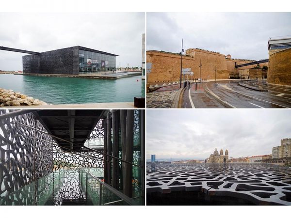 ヨーロッパ・地中海文明博物館(ルーディー・リッチオッティ、2013年)。右上の写真はブリッジでつながれたサン・ジャン要塞。左下は建物の外周にある回廊。右下は屋上からの眺め。レース状の構造体越しに、左端に遠くザハ・ハディドの「CMA CGMタワー」(2010年)が、中央にマルセイユ大聖堂(1852〜93年)が見える