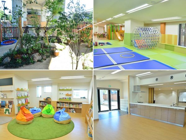 左上/和の要素を取り入れたキッズランド「ガタゴト」の庭 右上/キッズランド「ガタゴト」の室内。保護者は壁際のベンチに座り、子どもたちを見守ることができる 左下/約500冊の本が並ぶライブラリー 右下/多目的室は3部屋。備え付けのキッチンを使って料理教室を開催できるスペースもある