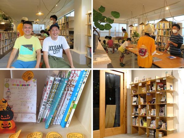 左上から時計回りにブックスタジオの安部さん(左)と石井さん、ブックスタジオ部分以外にも本がいっぱい置かれている、ここが店主たちのスペース、そして最年少店主さんのお店