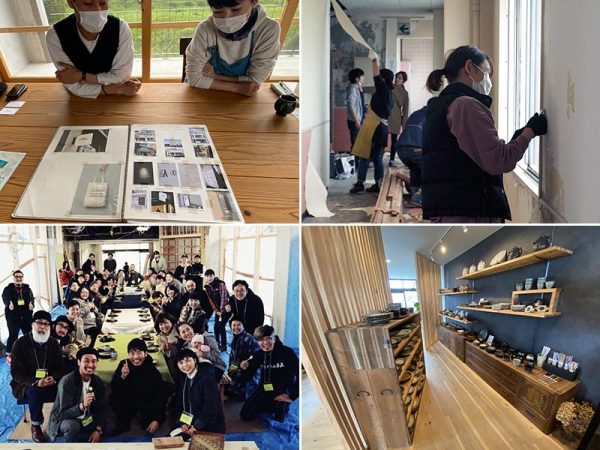 上左/HIKEの設計を検討するときにつくったスクラップブックを広げながら、当時を振り返る佐藤さん夫妻 上右/クロス剥がしワークショップの様子。既存の壁クロスを剥がし、打ち放し風に仕上げた 下左/真鍮のスプーン・フォークづくりのワークショップに集まってくれた人々。つくったカトラリーはHIKEのラウンジでも使っている 下右/HIKEのエントランスにあるショップ「タシュロン」。玉名の小代焼や大分県日田市の小鹿田焼の器などを扱う(上右と下左の写真提供:HIKE)
