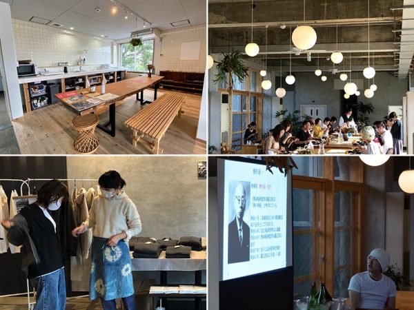 上左/宿泊客用のキッチン。2組が同時に、互いに気兼ねなく使えるよう、シンクもコンロも2つずつ用意した 上右/HIKEで月に1度開催している朝食会。毎回、「和食」や「ハーブ」などテーマを決めている。下左/熊本発のカットソーブランド「IITO」ポップアップショップの様子。ほかにも、シューズや工芸品、オリジナルドリンクなど多彩なブランドを紹介している 下右/地元の酒造家と「熊本の酒を“カタル”会」もすでに数回実施(上左以外の写真提供:HIKE)