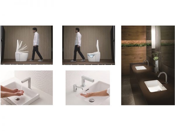 (上左・中)オート開閉・オート洗浄機能付きのウォシュレット一体形便器 (下左)自動水栓「アクアオート」 (下中)自動水石けん供給栓「オートソープディスペンサー」 (右)自動水栓「アクアオート」空間イメージ