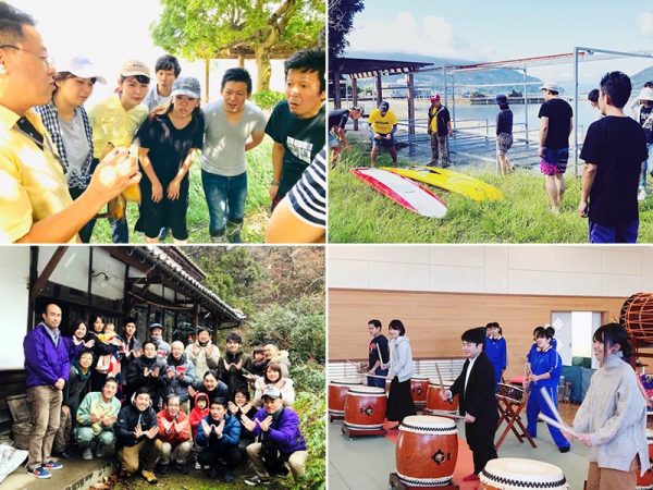左上:江田島市の現地実習で、さとうみ科学館の館長からカブトガニの生態についてレクチャーを受ける/右上:江田島市の現地実習で、supの乗り方などのレクチャー<br />左下:庄原市の現地実習で、暮らし宿「お古」の前にて/右下:大崎上島町の現地実習にてなぎ太鼓体験