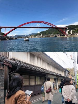 上:音戸第2大橋と離島と本土を結ぶ渡船。江戸時代から続く渡船は、橋ができたことによって利用が減っていて存続が危ぶまれている<br />下:音戸のかつての商店街の通りを視察して、空き家が多いことを知った