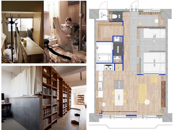 左上は500万円未満部門最優秀賞の「サスティナブルにスマートハウス」(株式会社シンプルハウス)、左下と間取り図はユーザビリティリノベーション賞の「この先もつづく日常に根ざした家」(株式会社grooveagent)。左下のデスクが間取り図の上部、玄関近くにあるもので、バルコニー側にもうひとつのデスクが用意されている