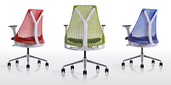 セイルチェア:ハーマンミラージャパン株式会社 有名なサンフランシスコのつり橋に着想を得たデザインで、カーブしたメッシュの背が適度に屈折しながら体を支え動きをサポートする3Dインテリジェントサスペンションバックと称する構造をもつ。最先端の技術を用いて背のフレームをなくし、最小限の素材により強度を保ちながら体の自由な動きを妨げない弾性のあるエラストマー素材が使用されている。背面や座面の色や組合せも豊富で、ほとんどの素材が完全にリサイクルできるなど、環境負荷への配慮もされている