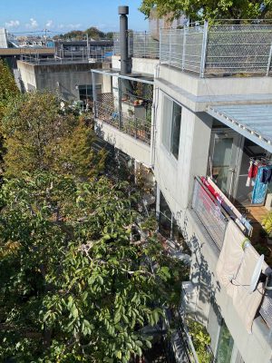 煙突のある住戸には薪ストーブがある。これが現在の様子