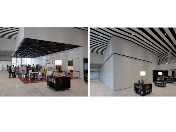 1階南入口付近のエントランスエリア。縞模様に見える天井は、空調などの設備面にも関係しているが、白黒の縞模様がデザイン性も生み出した(写真提供:小牧市中央図書館)