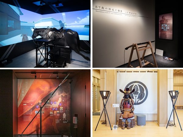 一番槍レース(左上)、火縄銃体験(右上)、戦国時代の槍のレプリカ(左下)、城内最上階「天空の間」に展示されている水野勝成の甲冑レプリカ(右下)