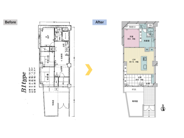 「Renoα(リノアルファ)」の施工事例。専用庭横の玄関引き戸を開けると出迎えてくれる土間スペースは、マンションではめずらしい
