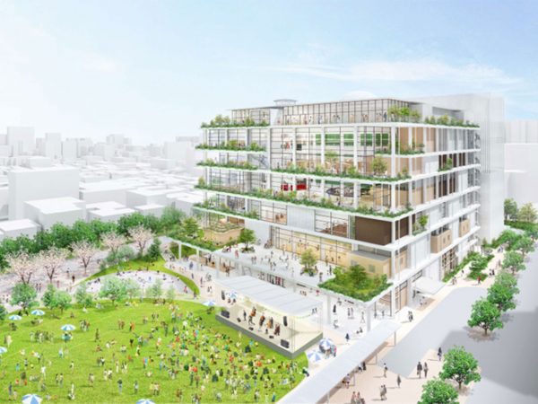 茨木市文化・子育て複合施設 おにクルの完成予定パース(画像提供:茨木市)。市の観光特任大使である「いばらき童子」は鬼のキャラクター。「怖い鬼でも、楽しそうで来たくなる場所」という思いを込めて、「おにクル」と名付けられている