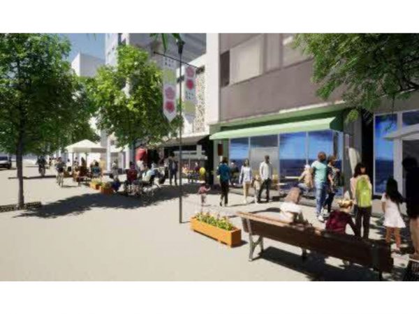 中央通りの将来イメージ図。デザインコンセプトは「賑わいと交流を育む親しみやすいみちへ」。オープンな店先に気軽に立ち寄り、賑わい・交流や人の動きが染み出すような通りのデザインを目指す(写真提供:茨木市)