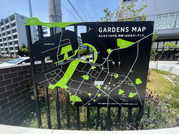 公園や大学などの場所と、自転車で行った場合の所要時間が書かれたエリアマップ