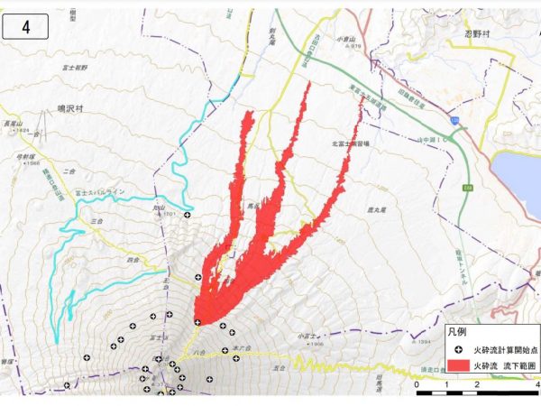 火砕流のドリルマップ例。+マークが合計35ヵ所ある仮定発生地点(火砕流計算開始点)