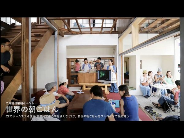 このまちの物語を、左から右に昔から今の「時間軸」、下から上は丘のふもとから頂上の「地形軸」として、ゆるくマッピングしている(冨永氏の投映資料より)