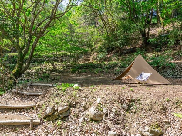 かつての棚田が、近年は石垣のみが残され、荒れてしまっていたが、キャンプ場として再活用。“社用車”として小型ショベルを購入し、専門事業者に依頼するだけでなく自分たちでもコツコツと整備しているという