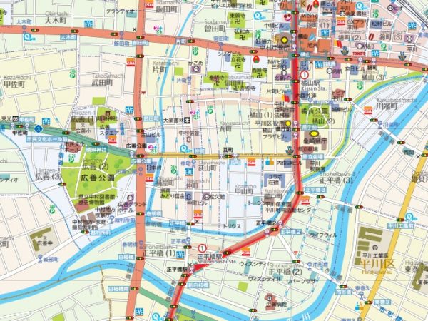 その当時作った地図がベースになっている中村市。地形、鉄道、バス路線はもちろん、銀行やスーパーのロゴその他も細かく作り分けられていて、それを見ているだけでも楽しい