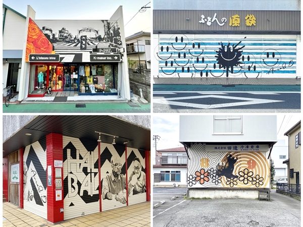 作品と壁画、それぞれに異なる心構えで臨んでいるという乙部さん。右側の2点は江ノ電の壁画制作を手伝ってくれたアーティストの作品