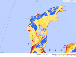 能登半島には揺れの増幅率が高いエリアも一部見られる(出典:防災科学技術研究所「J-SHIS地震ハザードステーション」)