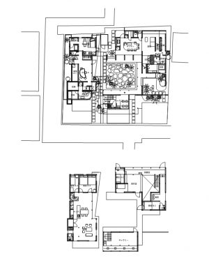 2軒の間取り図。上が1階、下が2階部分。右側のコの字になっているのが小松さん宅