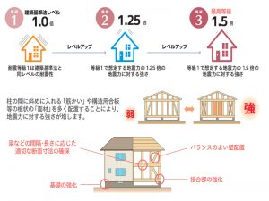 「地震に対する構造躯体の損傷(大規模な修復工事を要する程度の著しい損傷)の生じにくさ」を3つの等級で表示(出典:住宅性能評価・表示協会「新築住宅の住宅性能表示制度かんたんガイド」)