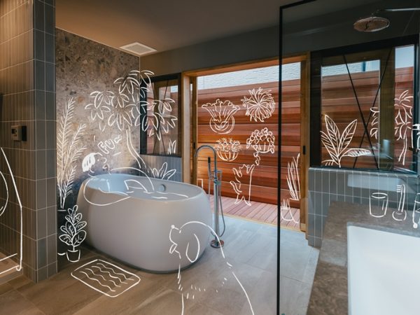 妄想したペルソナに合わせてその人のこの家での暮らしを妄想、イラストにしている。これは玄関土間部分