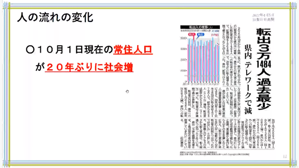 20年ぶりの社会増を報じる新聞(長田さんの投映資料より)