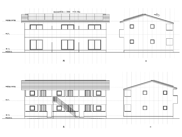 上:図6 夢・建築工房の設計・施工による高性能賃貸住宅
下:図7 壁は柱間グラスウール充填+外張りフェノールフォームによるマイルド付加断熱