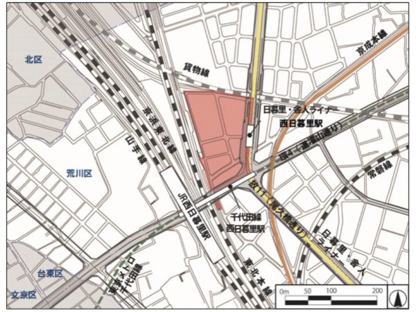 西日暮里駅周辺の位置 ※出典:国土地理院地図を加工して作成