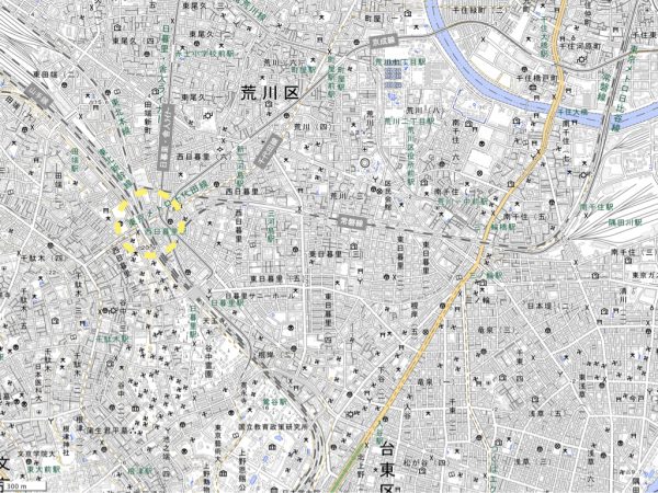 西日暮里駅周辺の位置 ※出典:国土地理院地図を加工して作成