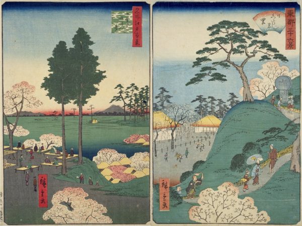 右:広重『名所江戸百景 日暮里諏訪の台』。魚栄。安政3 国立国会図書館デジタルコレクション https://dl.ndl.go.jp/pid/1312251 (参照 2025-03-18)
。左:広重『日くらしの里』。相ト。国立国会図書館デジタルコレクション https://dl.ndl.go.jp/pid/1303580 (参照 2025-03-18)。