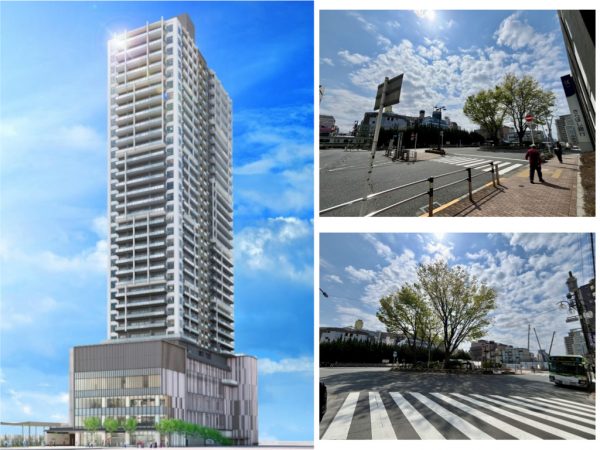 板橋口市街地再開発のイメージパース ※出典:野村不動産株式会社・東日本旅客鉄道株式会社『「板橋駅板橋口地区第一種市街地再開発事業」権利変換計画認可のお知らせ〜板橋駅前の新たな賑わい拠点となる駅直結複合開発〜』(2022年11月9日)。右写真:西口エリアより駅方面を撮影(2025年4月上旬撮影)