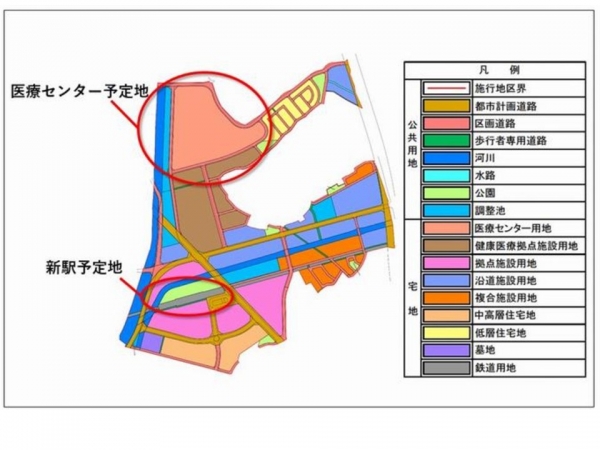 新駅の周辺には、船橋市立医療センターだけでなく、複合施設や中高層住宅など多種多様な施設が整備される(出典:船橋市HP)