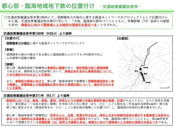 都心部・臨海地域地下鉄の位置付け ※出典:東京都、都心部・臨海地域地下鉄構想 事業計画検討会(2022年11月)「事業計画案」