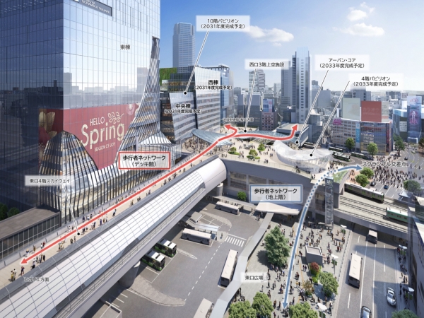 全体完成イメージパース(宮益坂方面より) ※出典:東急株式会社、東日本旅客鉄道株式会社、東京地下鉄株式会社(2025年5月9日)『~「100 年に一度」の大規模再開発、渋谷駅街区計画、最終章へ~ 2030 年度に渋谷駅および駅を中心とした歩行者ネットワークが概成を迎え
翌年度、渋谷スクランブルスクエア第Ⅱ期(中央棟・西棟)が完成します』