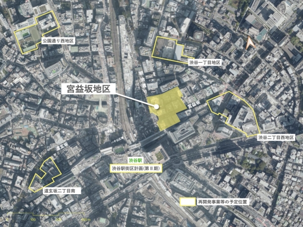 宮益坂地区第一種市街地再開発事業の位置 ※出典:国土地理院空中写真を加工