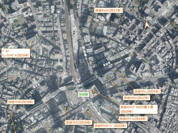 近年の再開発等により完成した施設(抜粋) ※出典:国土地理院地図を加工
写真 JR渋谷駅新南改札 ※2025年9月撮影