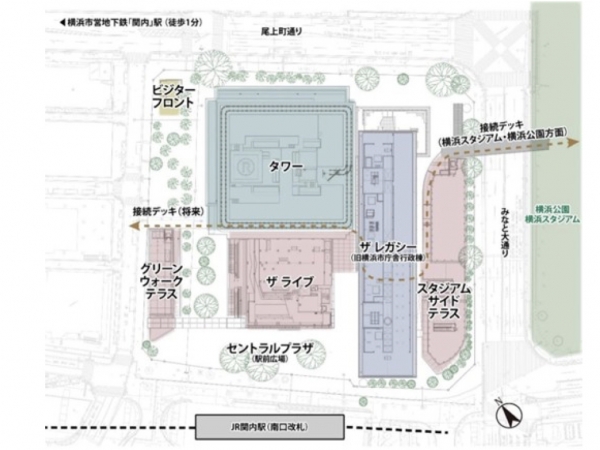 位置図 ※出典:三井不動産株式会社外4社「『関内』駅前 大規模ミクストユース型プロジェクト『BASEGATE 横浜関内』2026 年 3 月 19 日グランドオープン 入居テナント55 店舗の詳細と小割飲食ゾーンの名称を発表」