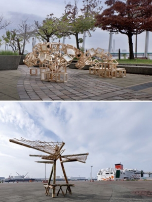 上)グループ1「空を編む」左下)グループ2「あかのきおく」右下)グループ3「CAP×CELL」©Satoshi Shigeta