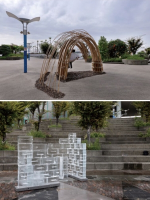 上)グループ6「延」左下)グループ7「往来のあわい」右下)グループ8「交わり、重なり、紡ぐ」©Satoshi Shigeta