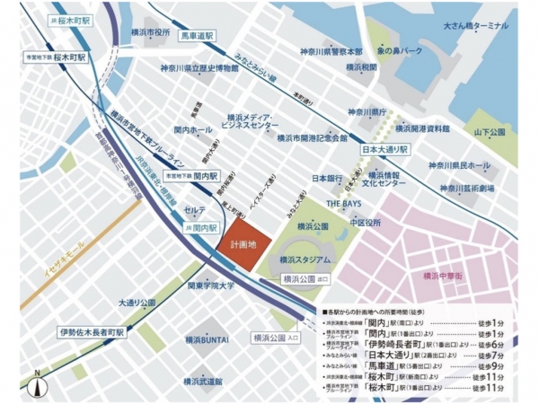 位置図 ※出典:三井不動産株式会社外4社「『関内』駅前 大規模ミクストユース型プロジェクト『BASEGATE 横浜関内』2026 年 3 月 19 日グランドオープン 入居テナント55 店舗の詳細と小割飲食ゾーンの名称を発表」